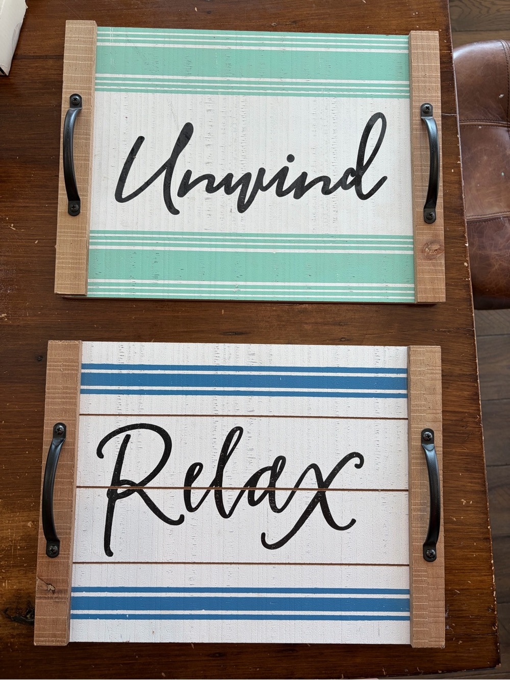 Set of 2 Farmhouse Wood Trays Relax Unwind Coastal Beach Decor Metal Handles
